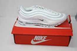 One boxed Nike Air Max 97. Colour: White/Wolf grey-black. Size: UK 12 (Box damaged).