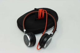 A pre owned Jabra Evolve 40 UC Stereo On-Ear Headset w/ 3.5mm Jack, USB Controller and Case.