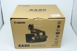 A boxed as new Canon XA50 CMOS Sensor Compact 4K UHD Camcorder (3669C007AA).