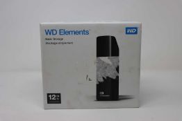 A boxed as new WD Elements 12TB USB3.0 External Desktop Hard Drive in Black (Box sealed, cosmetic