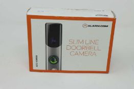 A boxed as new Alarm.com Skybell Slim Line Doorbell Camera in Silver (Box damaged).