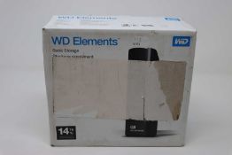 A boxed as new WD 14 TB Elements Desktop External Hard Drive with USB 3.0 and AC adapter, Black.