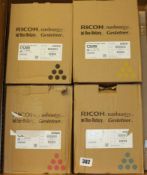 Four boxed as new Ricoh C5200 Pro Print Ink Cartridges; Black 828426, Yellow 828427, Cyan 828429 and