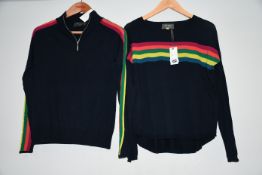 An as new Wyse of London blue and striped jumper and one 1/4 zip striped jumper (Size 1).