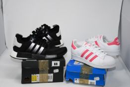 One as new Adidas Originals NMD_R1 size UK 8 (EG7399). One as new Adidas Superstar J size UK 4.5 (