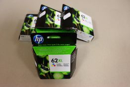 Five boxed as new HP 62XL Tri-Colour ink cartridges.