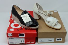 A pair of as new Alohas Dakota Ice Swede heeled sandals (UK 4). A pair of Wonders wedge shoes with