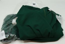 Two as new GodDiva Bardot pleated occasion in emerald green dresses (1 x UK 10 and 1 x UK 12).