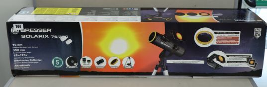 One boxed as new Bresser Solarix 76/350 reflector telescope with solar filter.