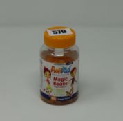 Twenty four ActiKid Magic Beans Multi-Vitamins orange flavour (Tubs of 90, Exp 04/22).