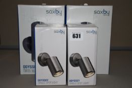 Two boxed as new Saxby Odyssey twin wall lights together with two Odyssey single spot lights.