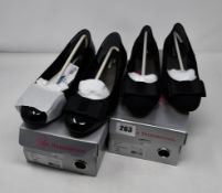 One as new Ros Hommerson Teddi low heeled shoe size 6.5W (colour: black patent). One as new Ros