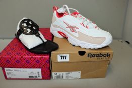 One as new Tory Burch Miller calf leather perfect black sandals size US 9.5. One as new Reebok DMX