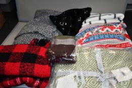 One as new Hug At Home Diamond Throw Green. One as new striped scarf. Three as new Blanket