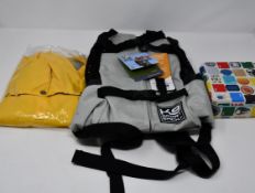 One as new K9 Air Dog carrier grey backpack size S. One as new Max Bone Talon yellow raincoat size