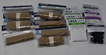 A quantity of chest and ankle non slip gripper strips mic straps.