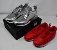 One as new Mallet London hiker silver sneakers size UK 5. One as new red sneakers size UK 5.