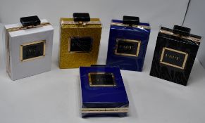 Two as new Hearty Trendy Perfume Bottle shoulder strap Paris Label blue purse. One as new Hearty