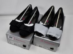 One as new Ros Hommerson Teddi low heeled shoe size 8.5W (colour: black patent). One as new Ros