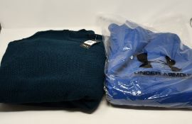 One men's as new Under Armour Full-Zip Zip Up Hoodie size L (1354974-449). Two as new M&Co Crew neck
