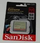 An as-new SanDisk Extreme Compact Flash 64GB 120MB/s Memory Card. Packaging sealed.