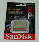 An as-new SanDisk Extreme Compact Flash 64GB 120MB/s Memory Card. Packaging sealed.