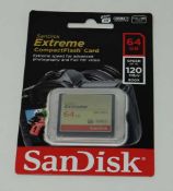 An as-new SanDisk Extreme Compact Flash 64GB 120MB/s Memory Card. Packaging sealed.