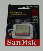An as-new SanDisk Extreme Compact Flash 64GB 120MB/s Memory Card. Packaging sealed.