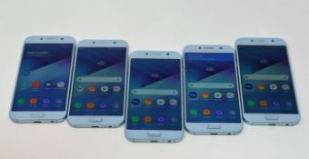Five pre-owned Samsung Galaxy A5 2017 SM-A520F 32GB in Blue (All FRP clear. four with damaged screen