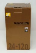 A boxed as new Nikon AF-S Nikkor 24-120mm f4G ED VR Lens (Box opened, some cosmetic damage to box).
