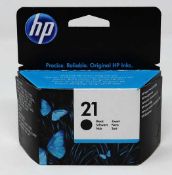 Five as-new HP 21 Black Ink Cartridges. Boxes sealed, some cosmetic damage to boxes.