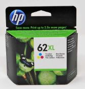 A boxed as new HP 62XL Tri-Color Ink Cartridge (P/N: C2P07AE UUS Expiry Date: June 2022) and a boxed