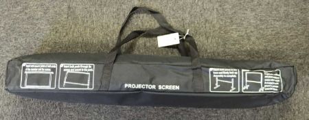 An as new projector screen with stand and carry-bag.