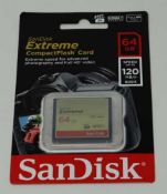 An as-new SanDisk Extreme Compact Flash 64GB 120MB/s Memory Card. Packaging sealed.