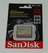An as-new SanDisk Extreme Compact Flash 64GB 120MB/s Memory Card. Packaging sealed.