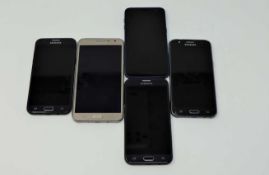 Five pre-owned Samsung smartphones sold for parts only: 1 x Samsung Galaxy J3 Prime SM-J327W, 1 x