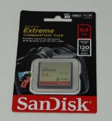 An as-new SanDisk Extreme Compact Flash 64GB 120MB/s Memory Card. Packaging sealed.