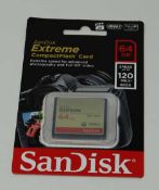 An as-new SanDisk Extreme Compact Flash 64GB 120MB/s Memory Card. Packaging sealed.