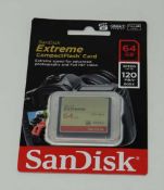 An as-new SanDisk Extreme Compact Flash 64GB 120MB/s Memory Card. Packaging sealed.