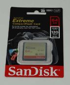 An as-new SanDisk Extreme Compact Flash 64GB 120MB/s Memory Card. Packaging sealed.