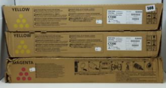 Three as new Ricoh Pro Print Cartridges C7200; 2 x Yellow, 1 x Magenta (Cartridges sealed, damage to