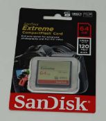 An as-new SanDisk Extreme Compact Flash 64GB 120MB/s Memory Card. Packaging sealed.
