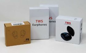 Three pairs of boxed as new TWS wireless earbuds (two boxes open, one sealed) and a boxed as new