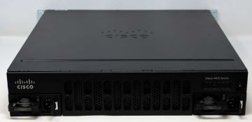 A pre-owned CISCO 4400 Series ISR4451-X/K9 V08 Integrated Services Router (Untested, sold as seen).