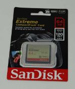 An as-new SanDisk Extreme Compact Flash 64GB 120MB/s Memory Card. Packaging sealed.