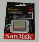 An as-new SanDisk Extreme Compact Flash 64GB 120MB/s Memory Card. Packaging sealed.