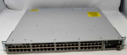 A pre-owned Cisco Catalyst C9300-48P-A V02 48-Port PoE+ Network Advantage Switch and a pre-owned