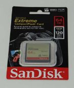 An as-new SanDisk Extreme Compact Flash 64GB 120MB/s Memory Card. Packaging sealed.