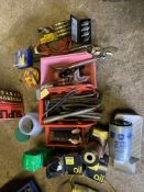 Quantity of misc Car spares inc spark plug spanner, jump leads, oil filters, drain plug keys,