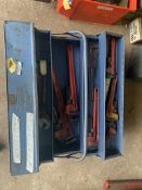 Tool box with pipe wrenches and adjustable spanners. Stored near Gorleston, Norfolk.